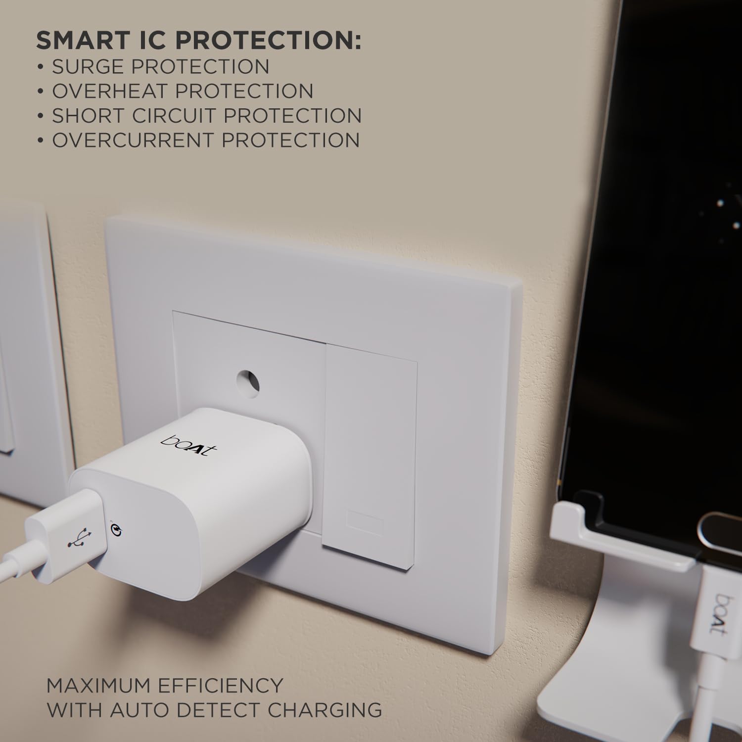 boAt 18W QC 3.0 Fast Mobile Charger with Type USB-A to Type C Cable PD Quick Charging; Smart IC Protection & Auto Detection, for Samsung, Xiaomi, Pixel & Android Users (White) — Amazon image 6