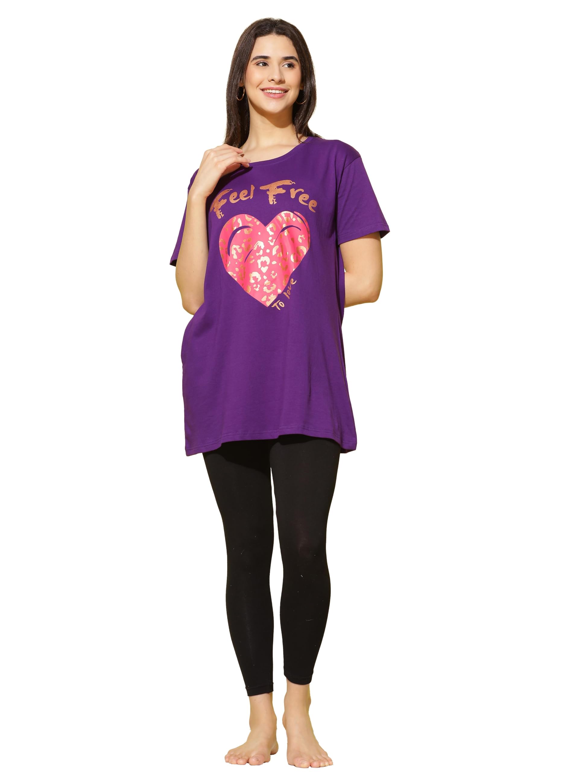 9shines LabelCotton Plus Size Long T-Shirt Tunic | Hip Covering Regular Top Nightwear| Sleepshirt Lounge wear for Women with Pocket (M-7XL)