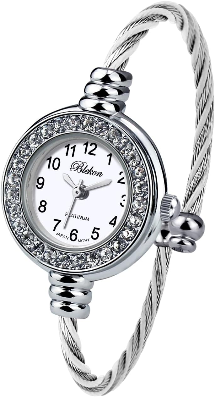 Blekon Collections Women's Cuff Watch - Round Analog Display Arabic Numbers 23mm Case Wire Bracelet Watch for Women Elegant Cable Cuff Bangle Wrist Watch