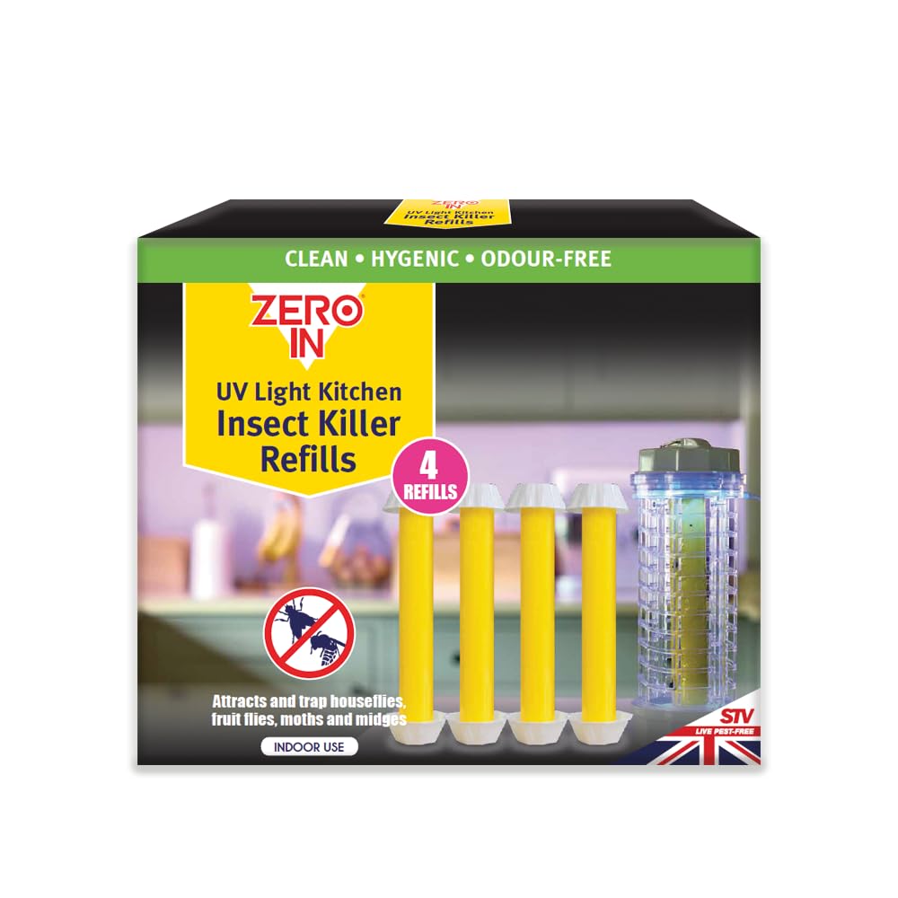 Zero In UV Light Kitchen Insect Killer Refills - 4 Pack - Kills Flies, Moths, and Midges Hygienic Disposal Poison-Free, Yellow