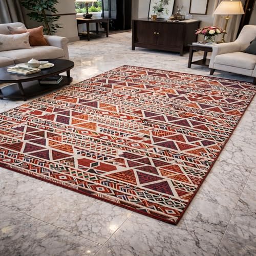 Alfombra de salón geométrica tradicional roja 140 x 160 cm con base antideslizante 2