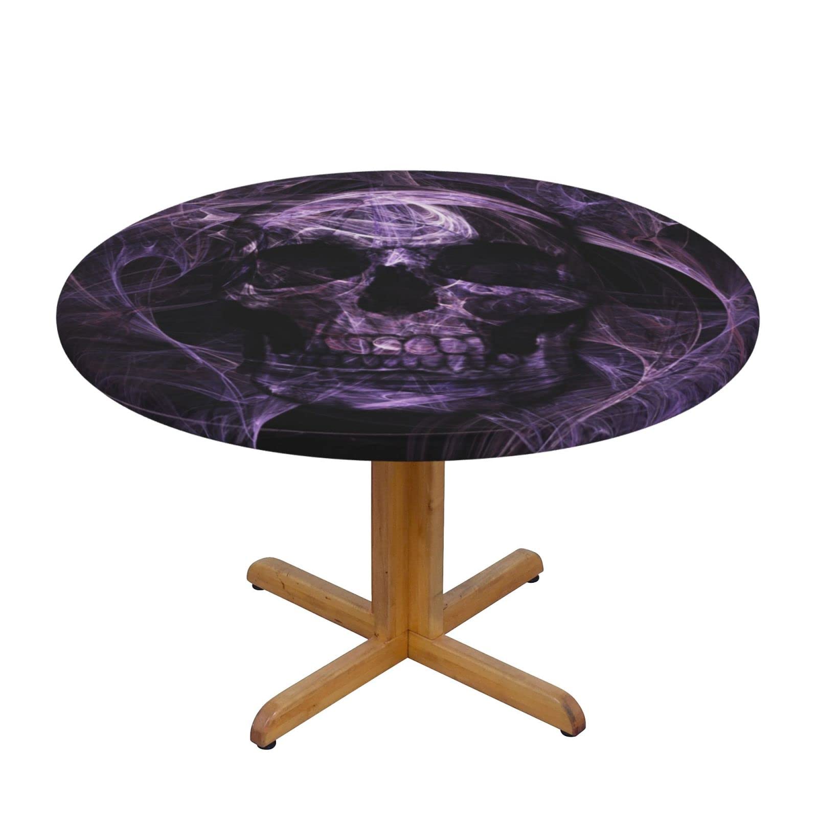 Lsjuee Round Fitted Tablecloth 45-50in Elastic Edged Table Cloth for Kitchen Dining Party Home Decor - Skull Purple PsychedelicBlack