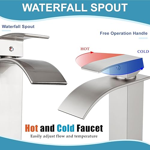 Miniatura 4 de Midanya Grifo alto de níquel cepillado en cascada para baño, grifo alto de una sola manija, montaje en cubierta de un solo orificio con boquilla