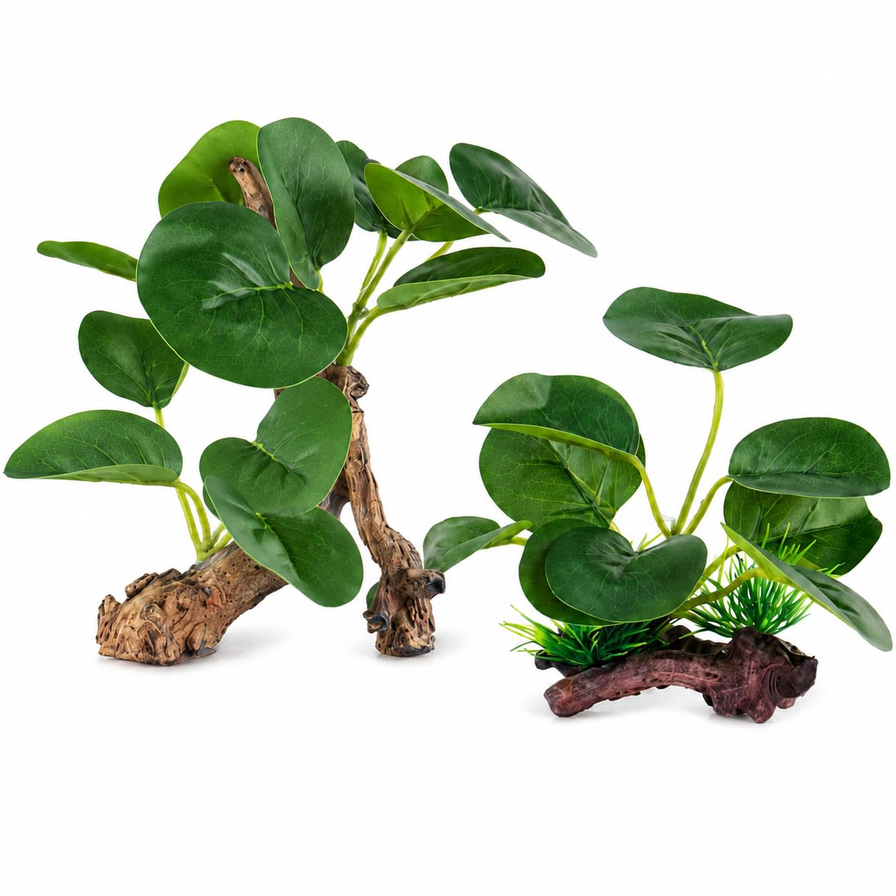 2 Pack Artificial Aquarium Plants with Driftwood Base, Realistic Green Plastic Fish Tank Plants, Aquatic Decorations for Small Medium Aquariums, Betta Goldfish Tropical Fish Tank Décor (Style-1)
