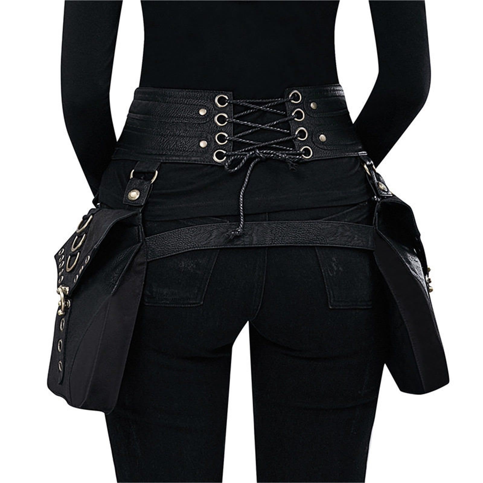 Riñonera de pierna de cuero PU Steampunk para riñonera de ciclismo impermeable para mujer, Negro , M, Clásico
