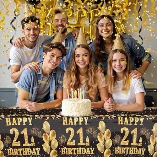 Image of Labeol 3 Pack 21st Birthday Tablecloth, Black and Gold Happy 21st Birthday Decorations, Disposable Plastic Rectangular Table Cover Party Supplies