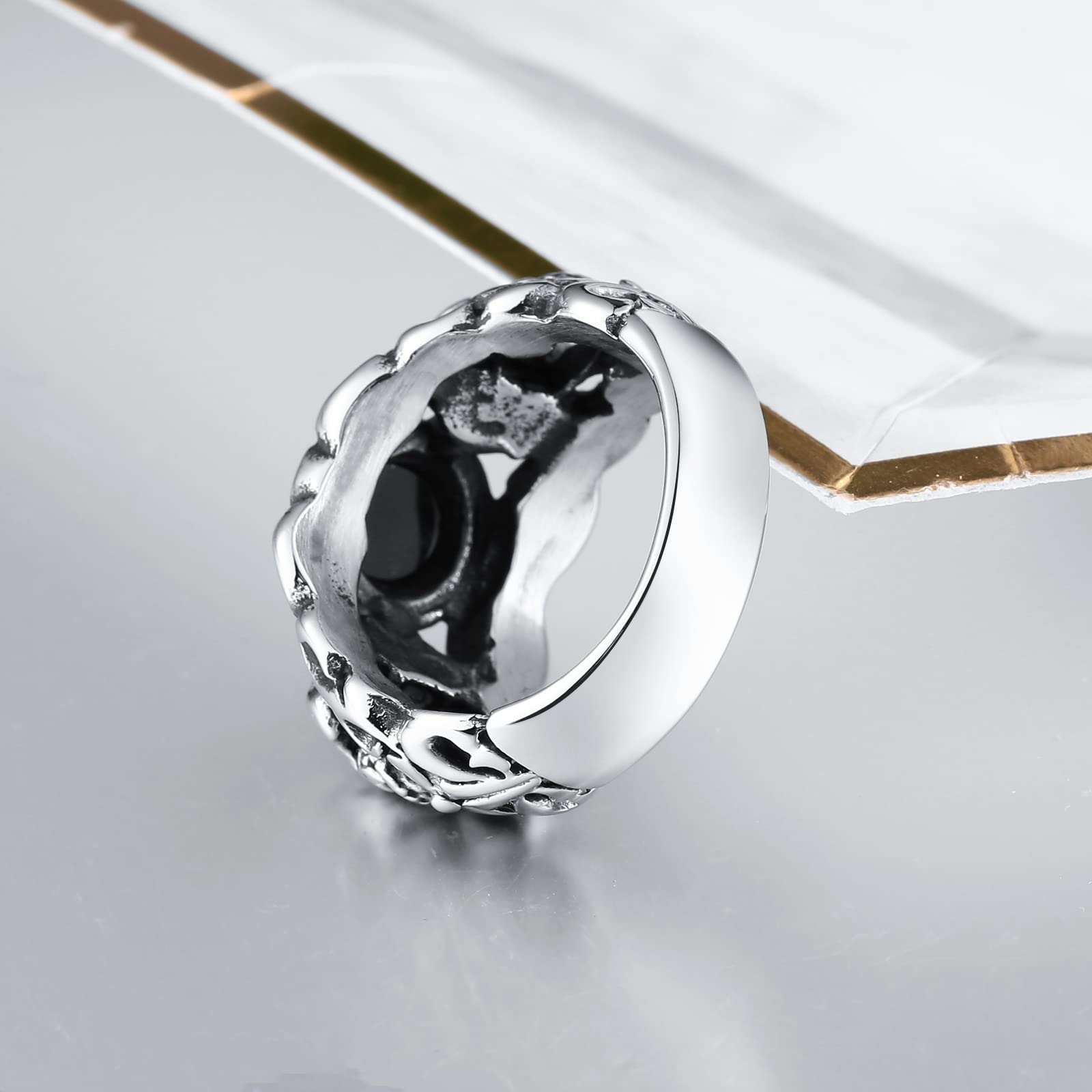 Anello A Fascia Uomo Acciaio Anelli Fidanzamento Uomo Anello Teschio Gotico con Pietra Rotonda Anelli Fidanzamento Marrone/Nero Taglia 15 to 25