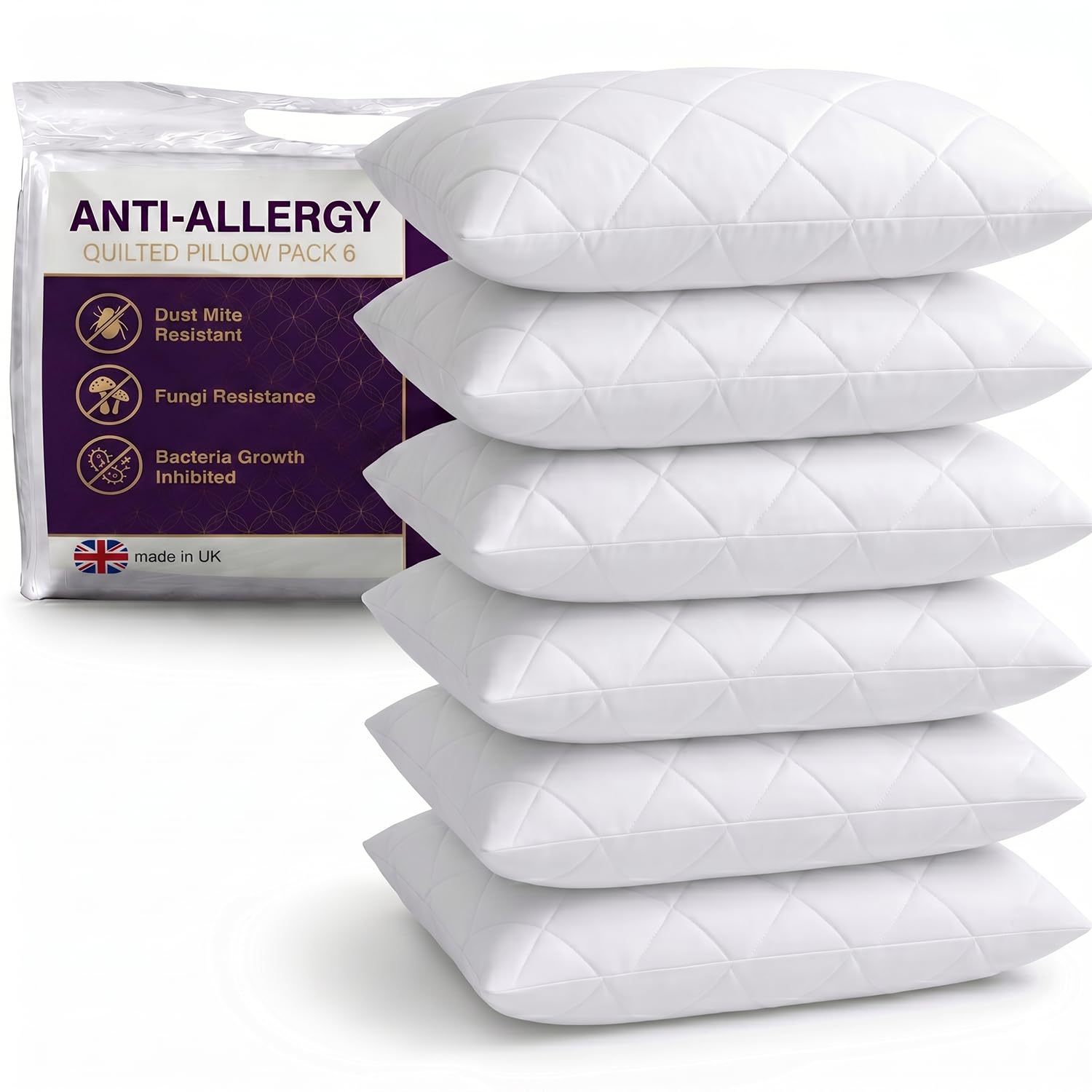 adsin Hotel Quality Quilted Pillows Pack of 6 Anti Allergy Bounce Back Bed Pillows with Soft Touch Quilted Cover – Breathable Hollowfibre Filling for Side, Back & Stomach Sleepers