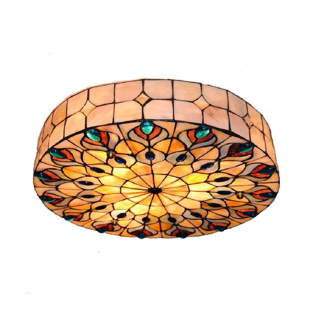 XINDAR Ceiling Light Fixture, Vintage Peacock Ceiling Mount Light Art Glass Multi-Color Flush Ceiling Light for Dining Room (3 Light, 18 inch)