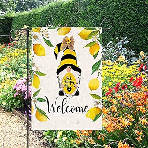 Summer Welcome Lemon Bee Gnome Garden Flag ,Double Sided Spring Holiday Outdoor Yard Decoration (A Style 13x19inch ) Cover