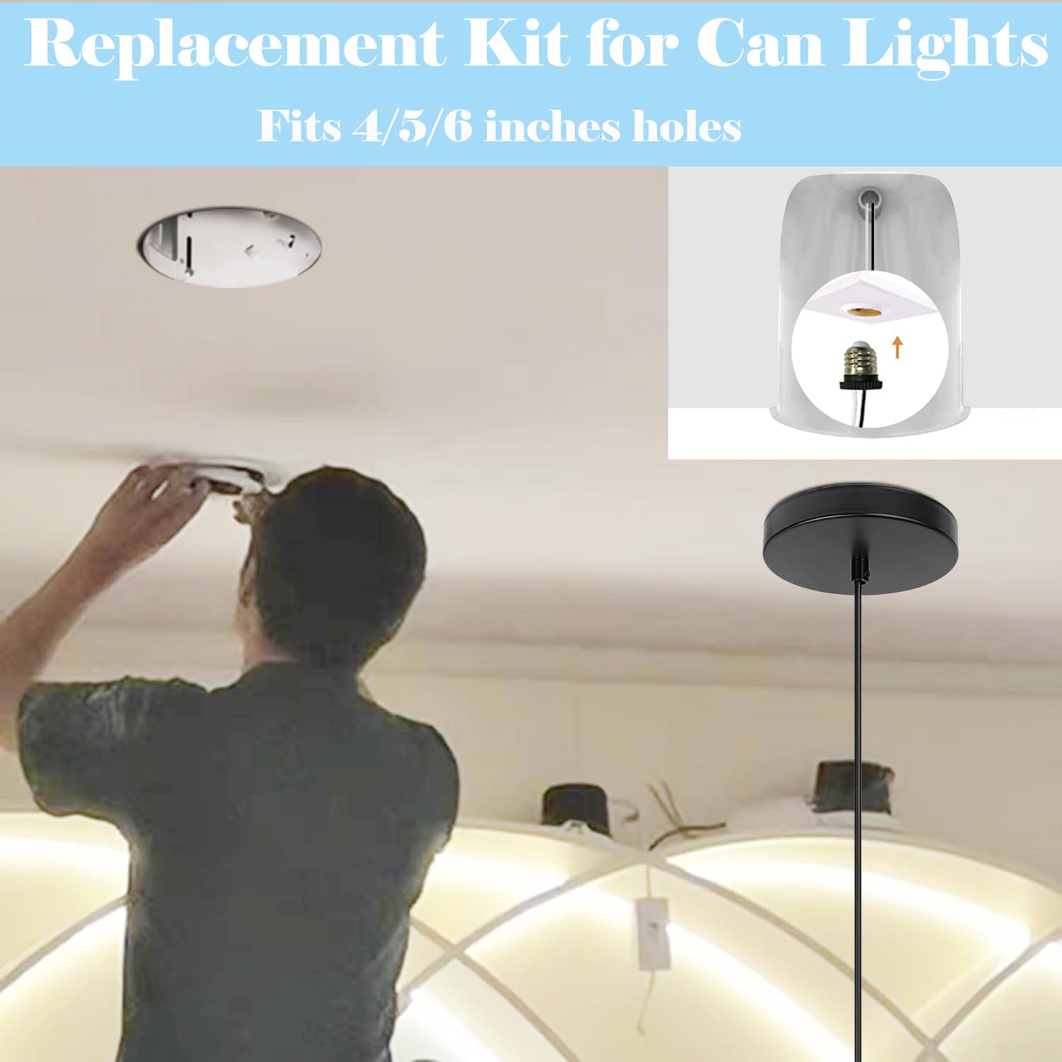 Can Light Conversion To Pendant Kiven Recessed Light Conversion Kit -  Transform Can Lights To Pendant Lighting 4-6 Inch Holes E26 Screw-in Adapter, image size:1500x1500