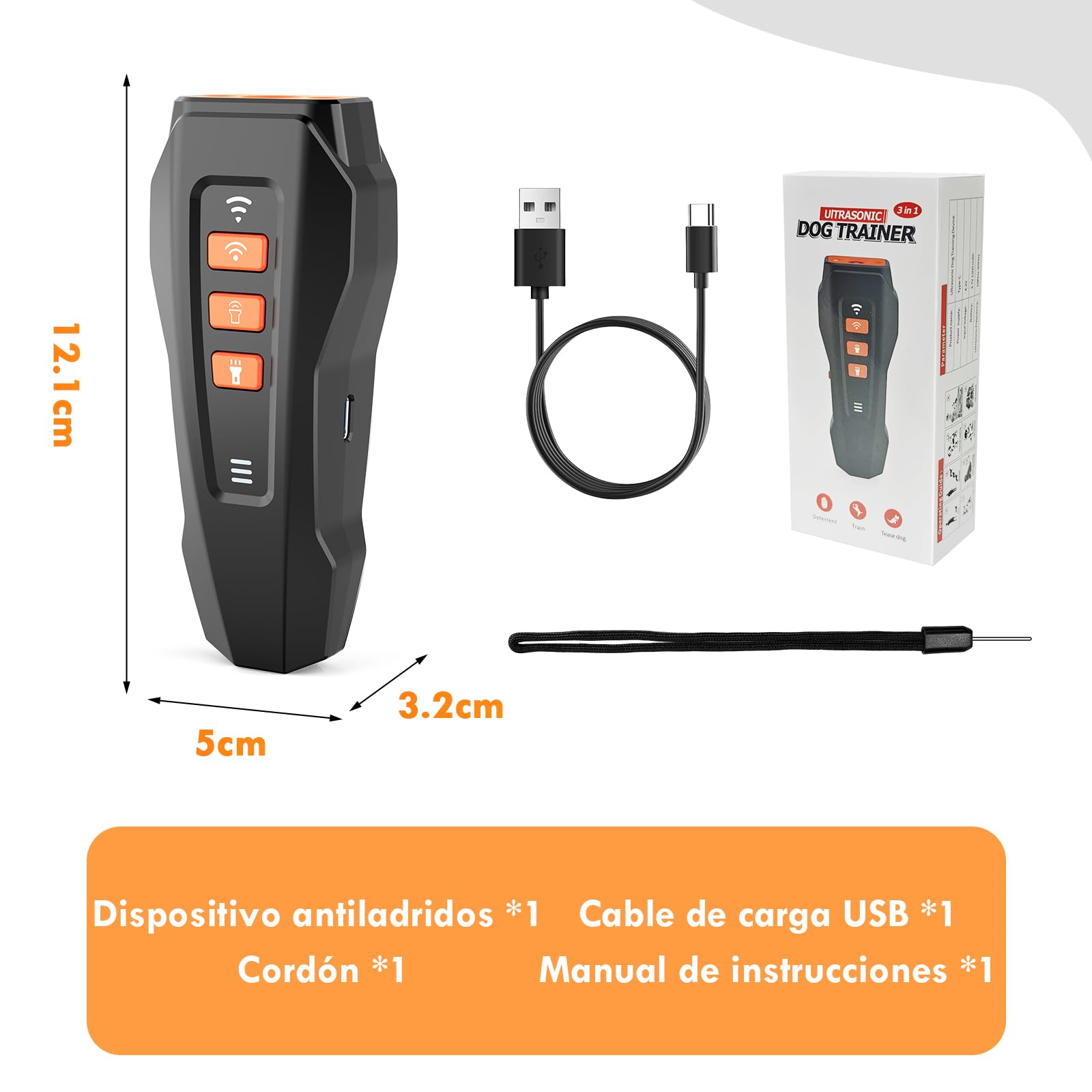 Antiladridos Para Perros Ultrasonido, 3 Frecuencias Ajustables Ahuyentador De Perros Ultrasonidos, Rango De 33 Pies, Con Linterna Dispositivo Antiladridoss Recargable Con Luz Led Pequeños y Grande