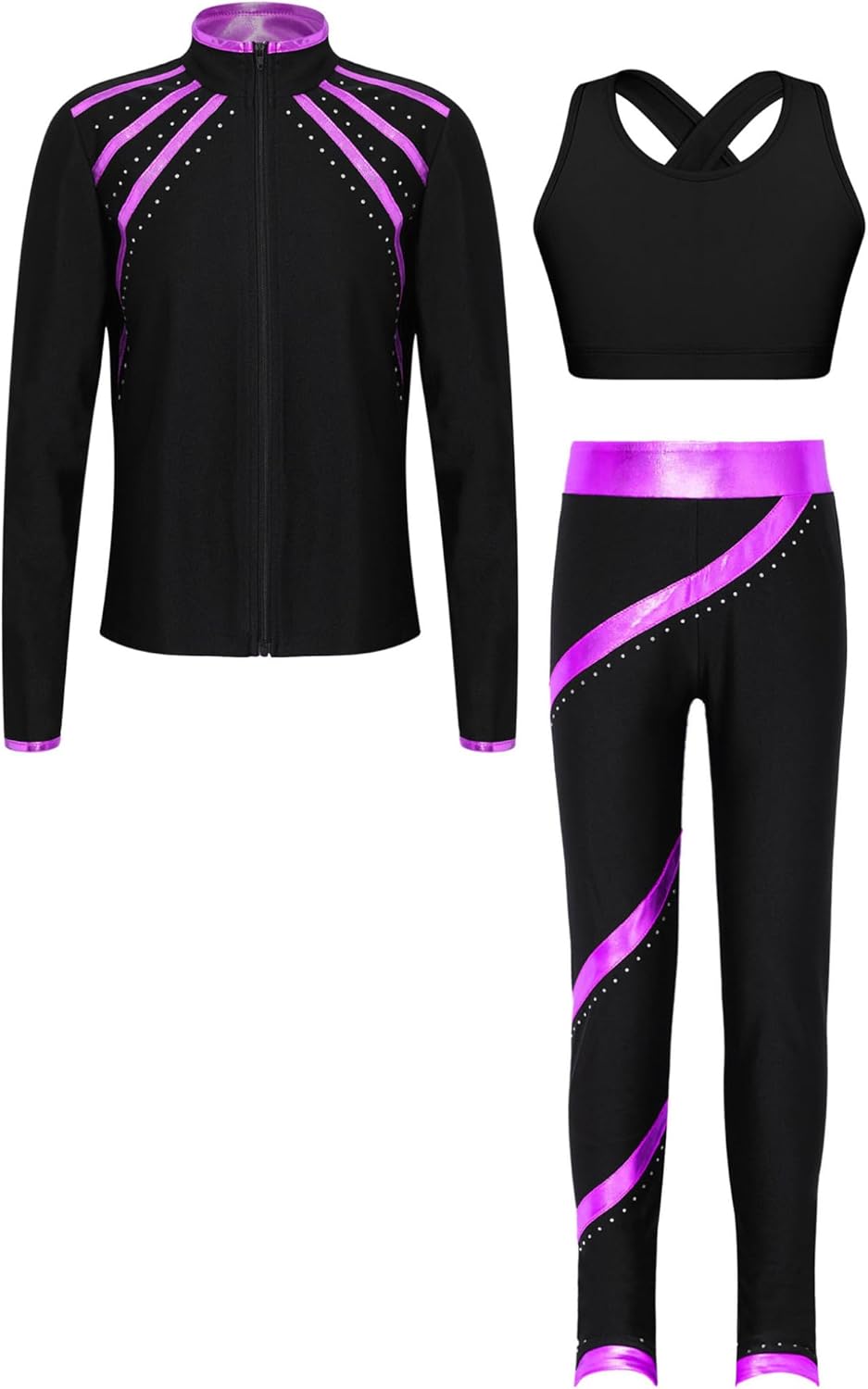 Hansber Kids Girls 3Pcs Dance Sports Outfit Crop Top Leggings with Long Sleeve Zipper Jacket Gym Yoga Training Tracksuit