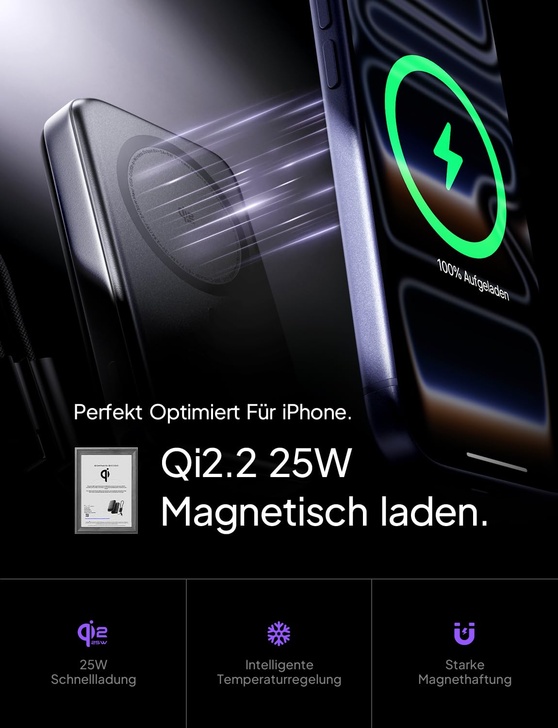 LISEN Powerbank Laptop 10000mAh 65W PD, Qi2.2 25W MagSafe, Laptop Powerbank für MacBook Air & USB-C Laptops, Flugzulassung, Zylindrische Zellen, Abnehmbares USB-C Kabel, iPhone 17 Pro Max/16/15