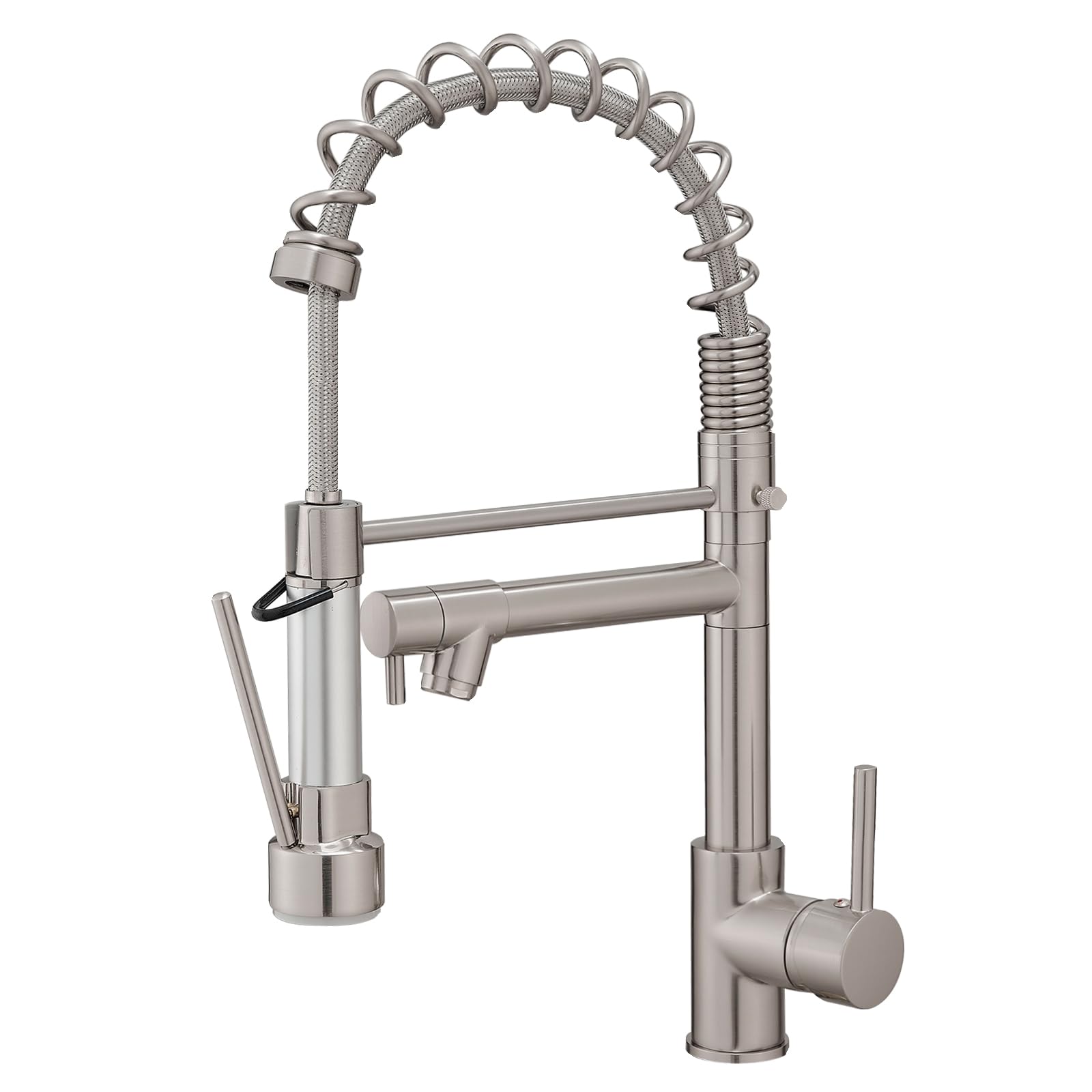 BESy Kitchen Faucet with Pull Down Sprayer, High-Arc Single Handle Single Lever Spring Rv Kitchen Sink Faucet with Pull Out Sprayer, with Cover Plate, Brushed Nickel