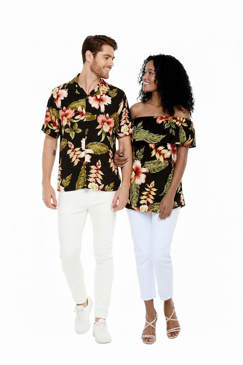 Matchable Couple Hawaiian Luau Shirt or Off-Shoulder Ruffle Muumuu Top in Black Rafelsia