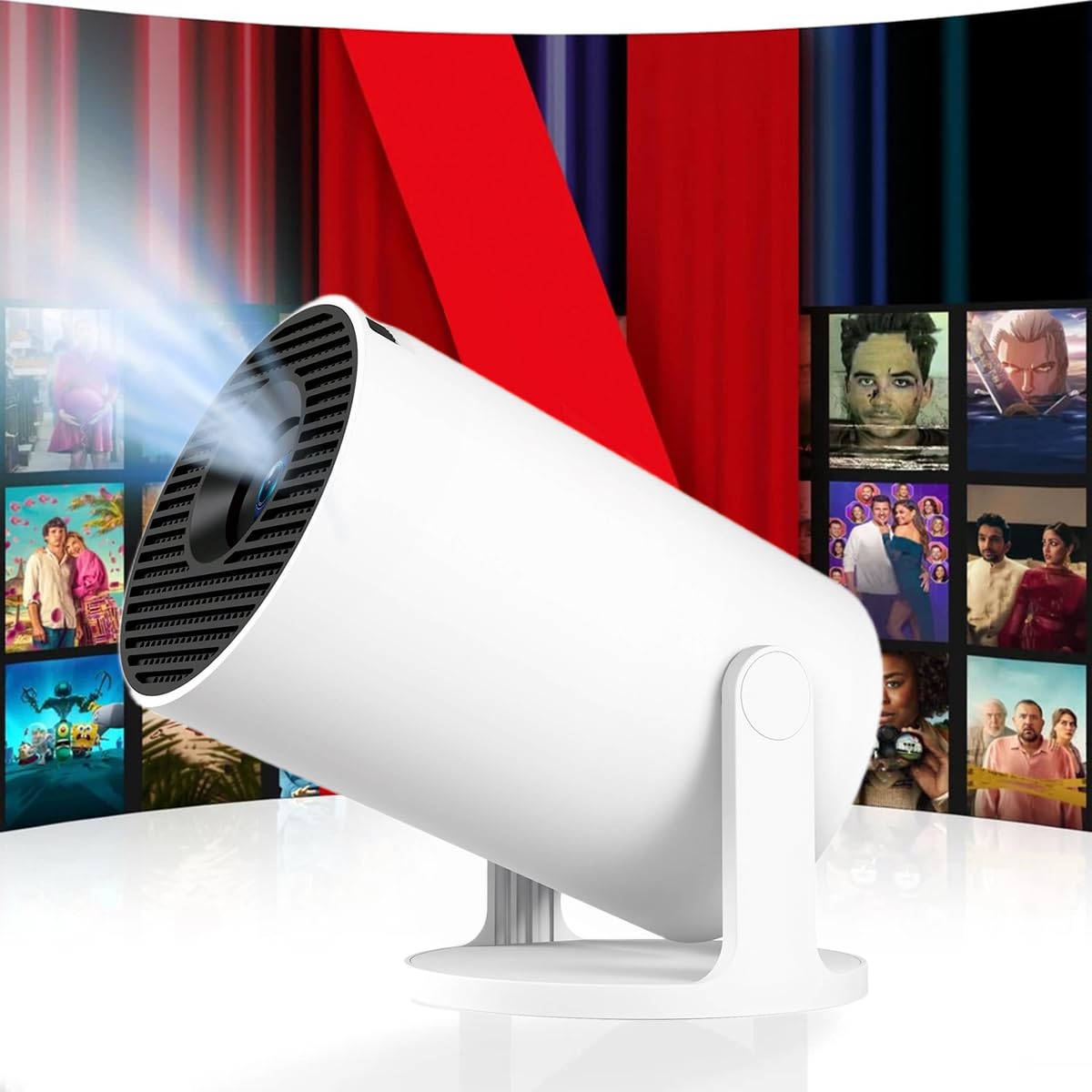 Mini Portable Projector,Smart Projector Compatible with Android 12+2GB Ram and Netflix, Built in Apps- WiFi 6, with 180° Rotation, Auto Keystone, Support 4K 1080P Full HD, Home Theater & Office