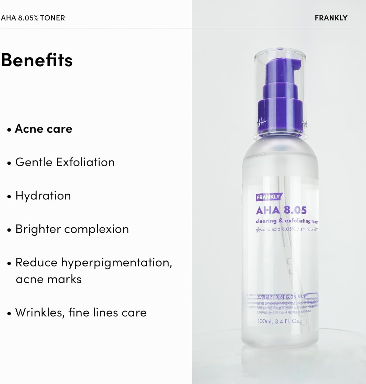 FRANKLY AHA 8.05% Toner | Pore-Refining Exfoliator with Glycolic Acid, 17 Amino Acids, Hyaluronic Acid | Smooths Texture, Hydrates, Targets Flakiness | Korean Skin Care 3.38 fl oz - Image 2