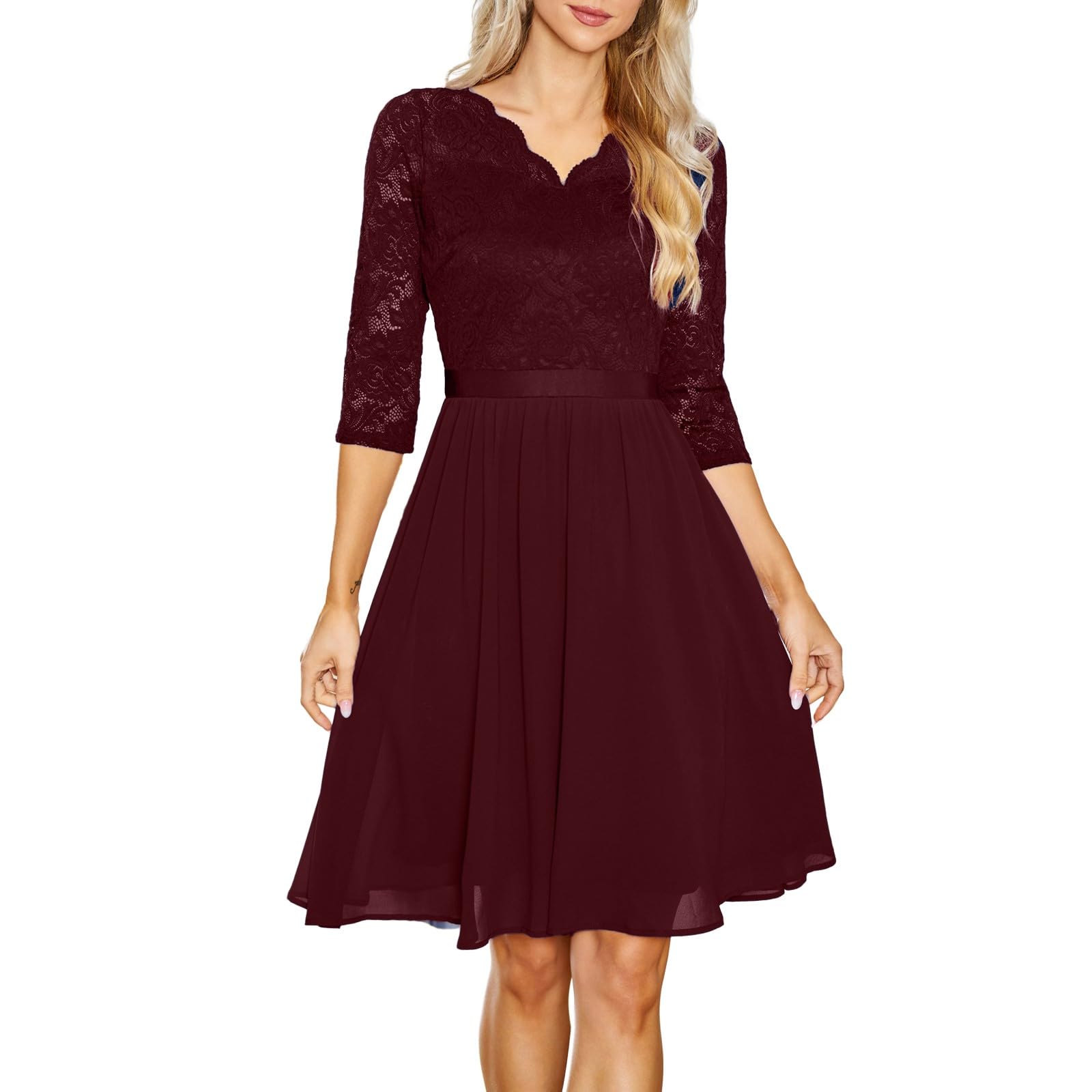 Cocktailkleid Damen V-Ausschnitt Spitzenkleid Midikleid Elegant