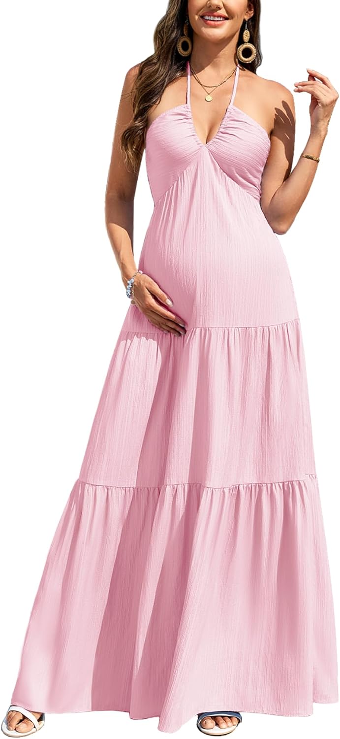 CYCLAMEN Maternity Dress Halter V-Neck Pleated Backless Maxi A-Line Gown Baby Shower Photoshoot Beach Vacation Tea Party