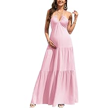 CYCLAMEN Maternity Dress Halter V-Neck Pleated Backless Maxi A-Line Gown Baby Shower Photoshoot Beach Vacation Tea Party