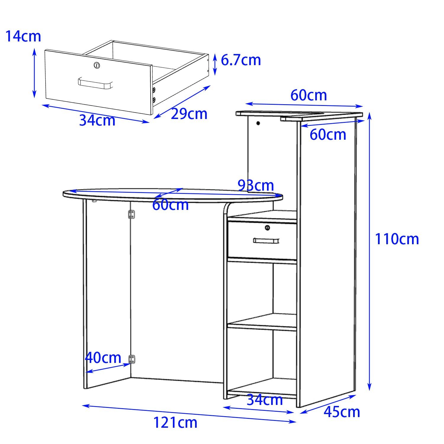 Banco reception,reception tavolo bancone, Banco reception con ripiano aperto e 1 cassetto con serratura, banco reception ufficio bancone, MDF, 40 x 121 x 110cm, Bianco, Grigio Scuro