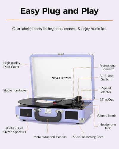 Miniatura 6 de Suitcase - Tocadiscos Bluetooth, reproductor de discos de vinilo portátil con altavoces estéreo integrados, tocadiscos retro de 3 velocidades,