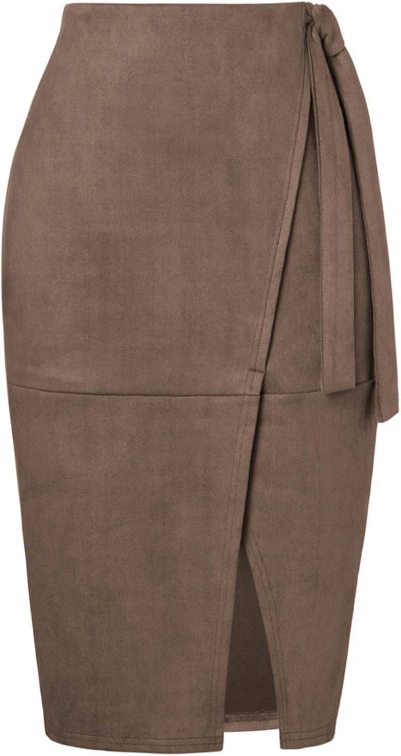 Kate Kasin 2025 Women's Suede Skirts, High Waist Bow Tie Knee Length Skirt, Stretch Bodycon Pencil Skirt with Slit