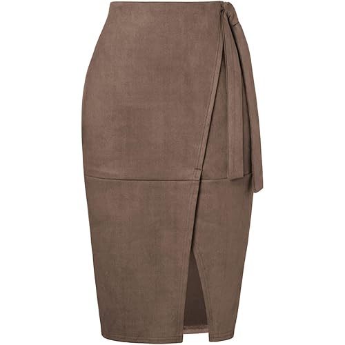 Kate Kasin 2025 Women's Suede Skirts, High Waist Bow Tie Knee Length Skirt, Stretch Bodycon Pencil Skirt with Slit