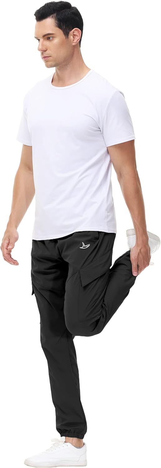 LUSHENUNI Men's Hiking Cargo Jogging Pants, Golf Pants Slim Fit with Zip Pockets for Travel Hiking (XL, Black)