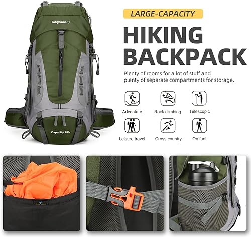 Miniatura 4 de King'sGuard Mochila de senderismo 60L Mochila ligera para acampar con cubierta de lluvia Mochila grande impermeable plegable al aire libre, Verde