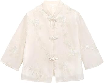 Womens Retro Chinese Style Loose Cheongsam Shirt with Button Down Seven Quarter Sleeve top, Oriental Clothing