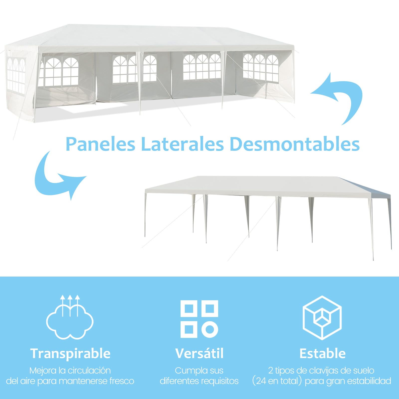 RELAX4LIFE Carpa Plegable 3x9m con 8 Paredes Desmontables y Ventanas, Carpas para Exteriores con 8 Cuerdas de Viento, 24 Clavos y Bolsa de Transporte, Cenadores para Jardín, Camping (3X9M|8 Paredes)