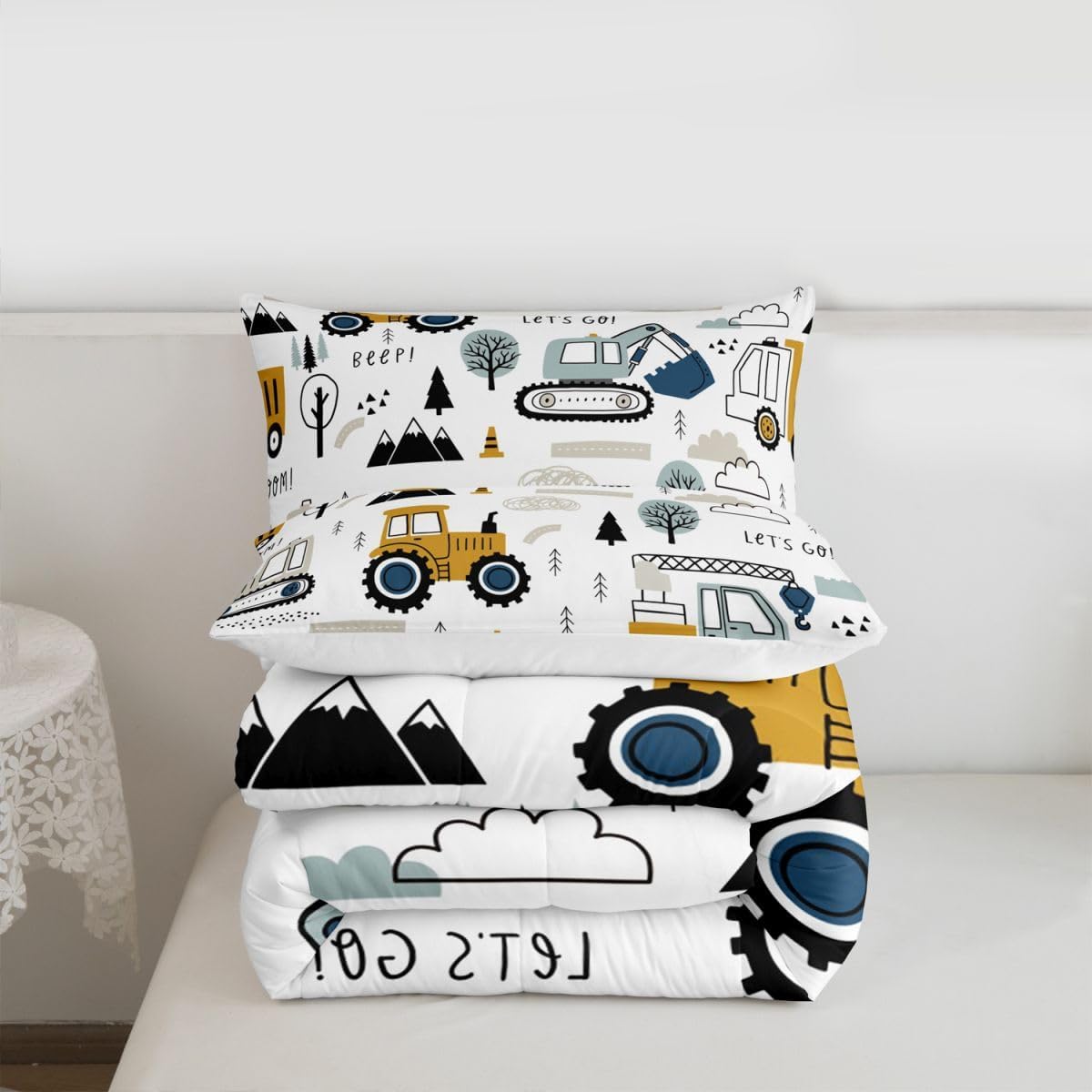 Feelyou Cartoon Car Kids Comforter Set Construction Bedding Set for Boys Toddler Decor Equipment Trucks Comforter Cartoon Car Excavator Tractor White Yellow Duvet Set Bedroom Quilt Set 3Pcs Full