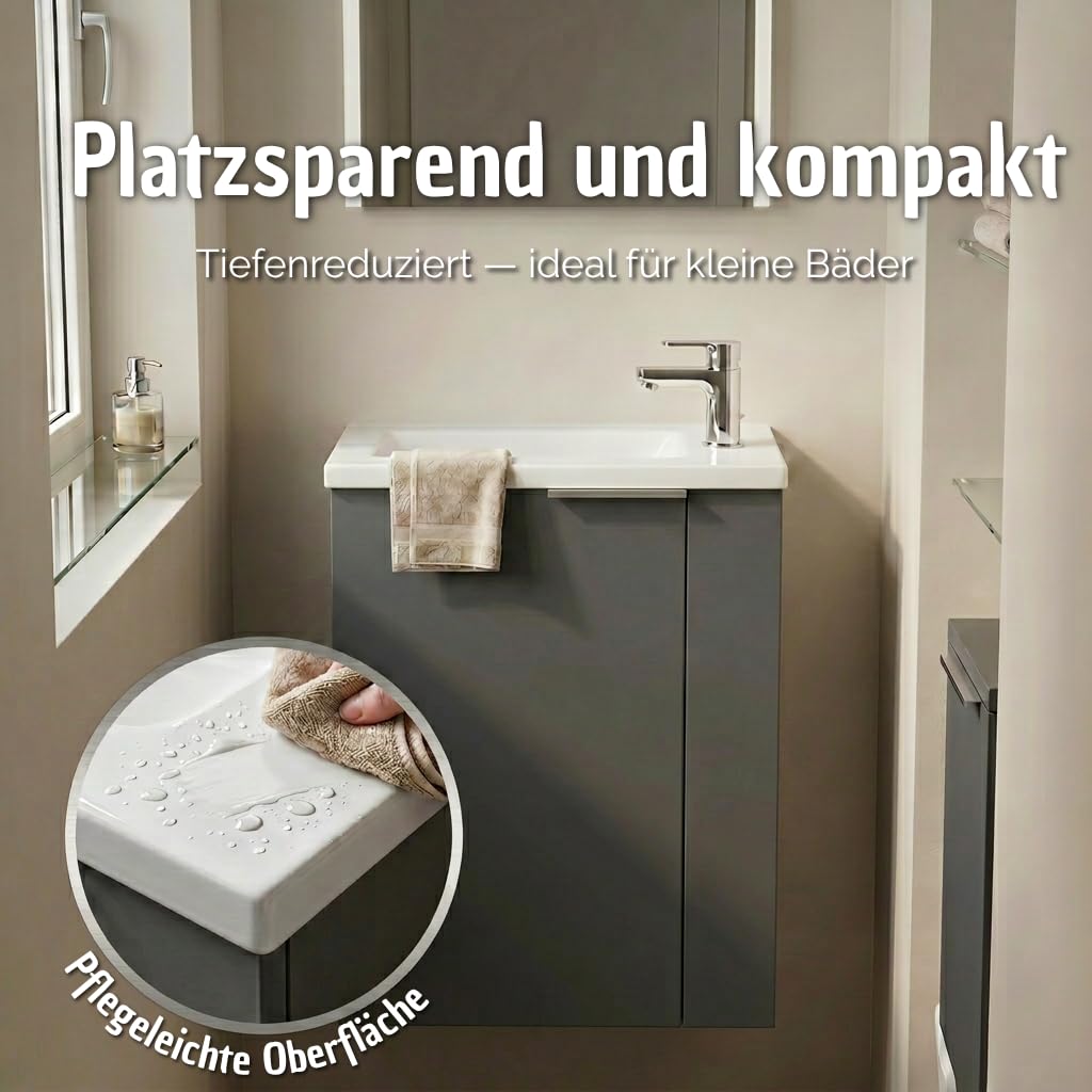 BadeDu UMEA Gäste WC Waschtisch Set 50 cm Anthrazit matt – Waschbeckenunterschrank mit Gussmarmor Waschbecken Weiß – platzsparender Waschtisch für kleines Bad & Gäste WC