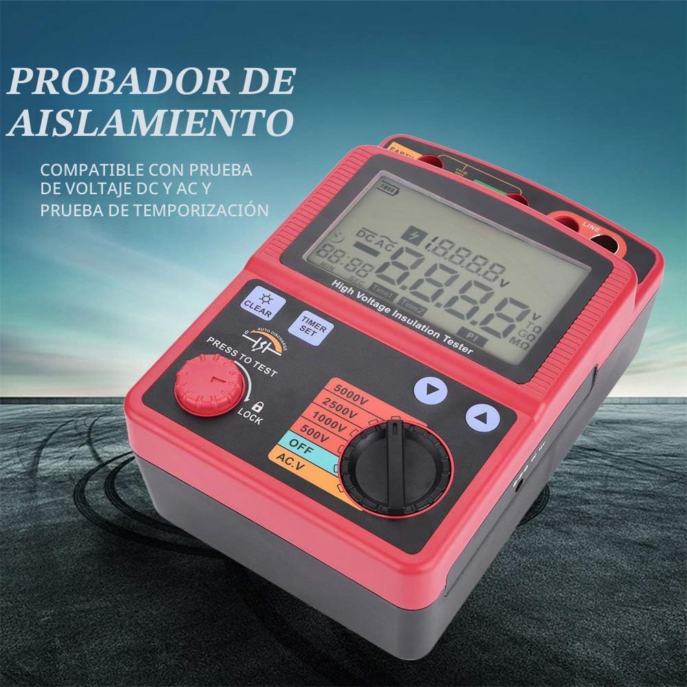 Multímetro megóhmetro portátil de alto voltaje, probador digital de resistencia de aislamiento de 500 V / 1000 V / 2500 V / 5000 V, probador de índice de absorción de polarización, con pantalla de ret