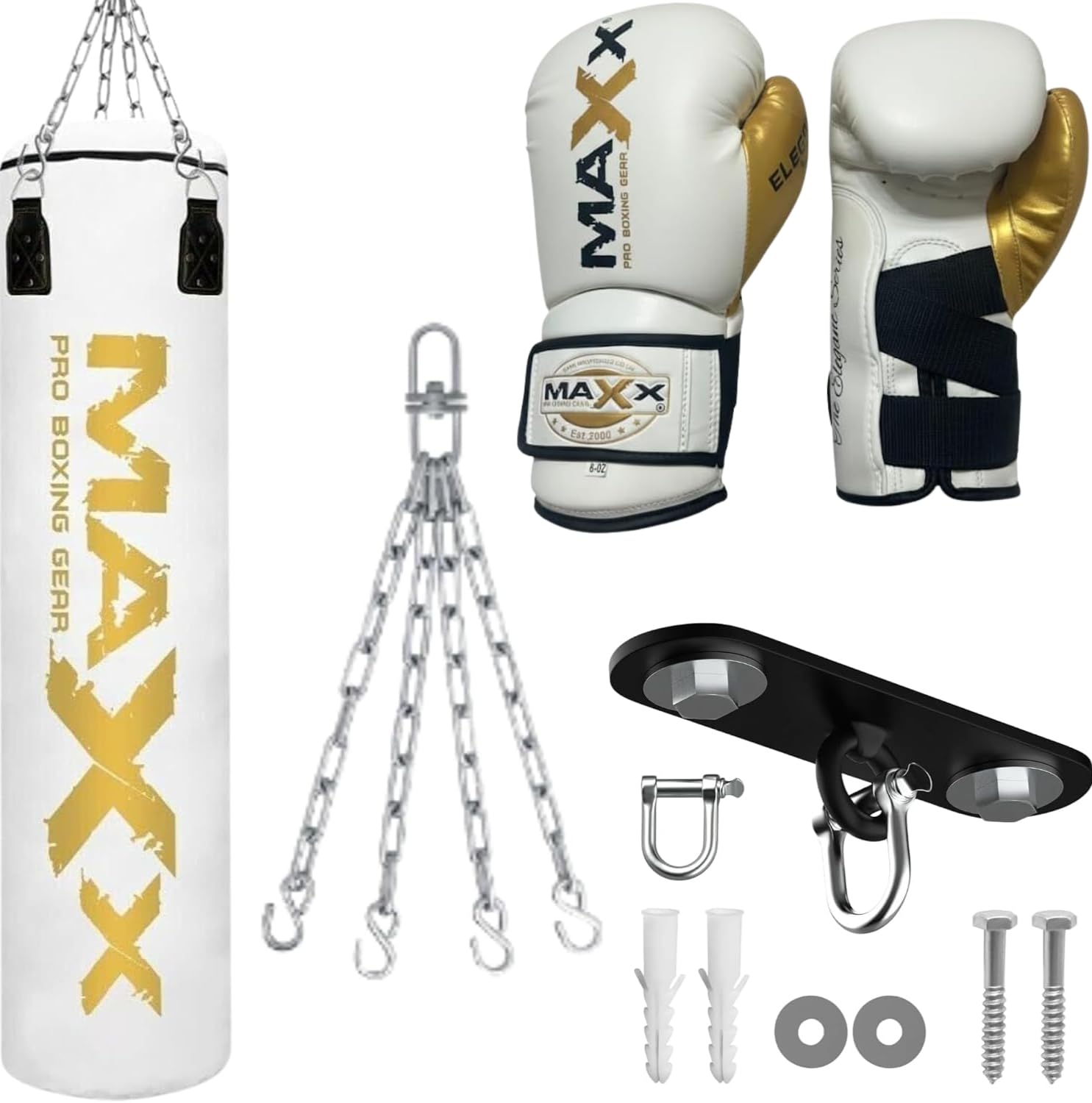 Maxx White And Gold 3ft 4ft 5ft 6ft Filled Hanging Boxing Punch Bag Set Heavy Punching bag (6PCS SET WITH HOOK, 5FT) — image 1