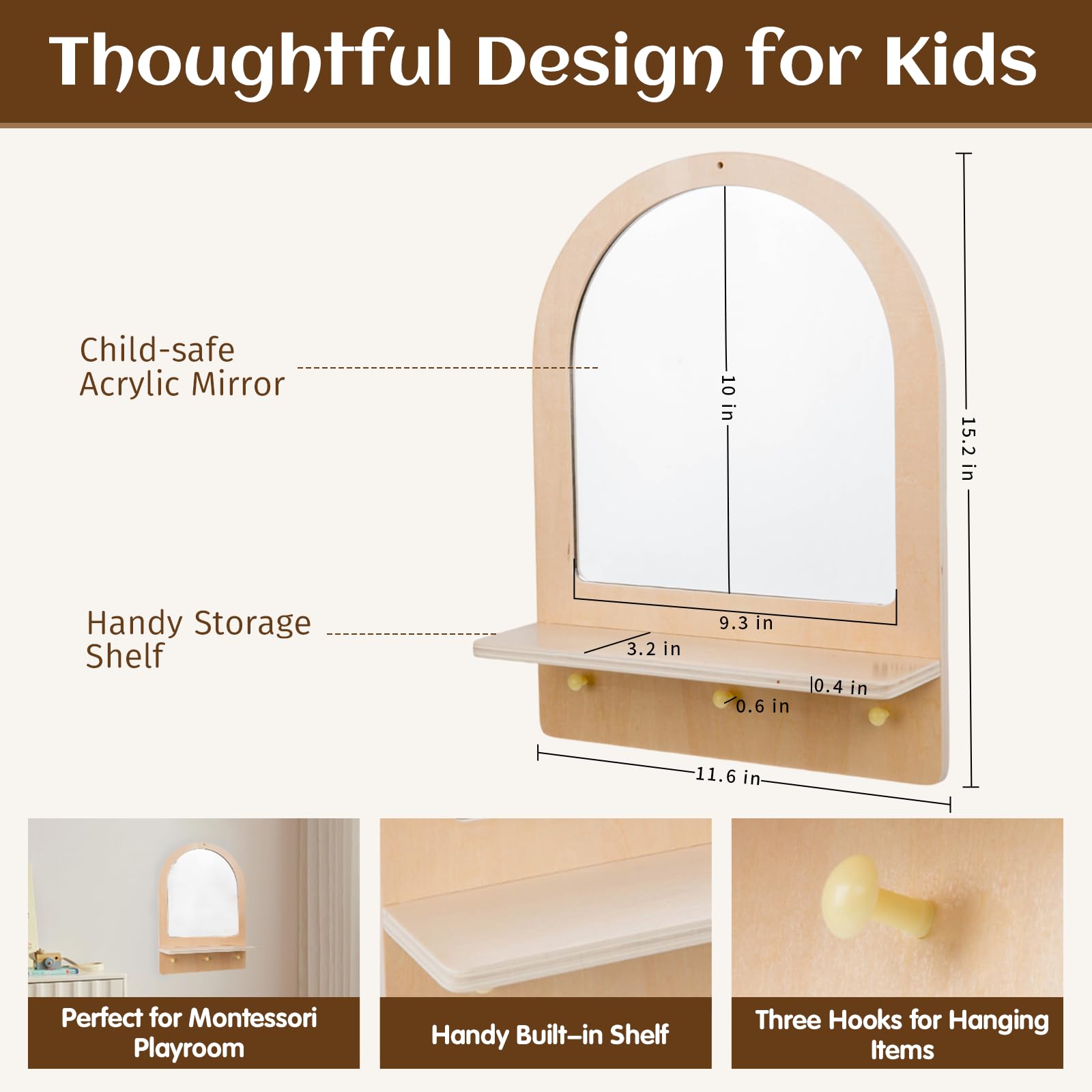 Montessori Spiegel aus Holz und Acryl für Kleinkinder, Wandmontage, Spiegel mit Haken & Regal, bruchsicher, Naturholz, einfache Montage, Möbel für Eingangsbereich, Kinderzimmer, Wohnzimmer, Flur