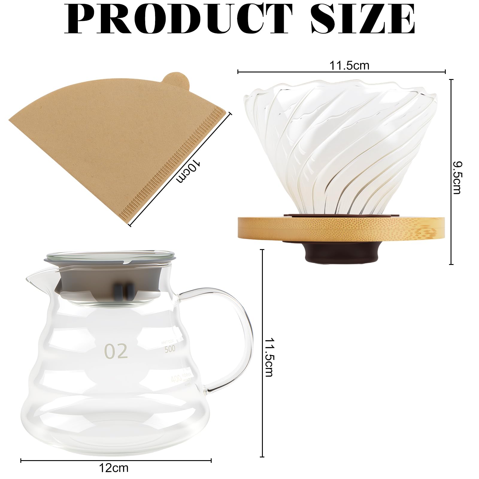 Ensemble de Café Filtré à la Main avec Carafe en Verre & Filtre en Bois Carafe à Main en Borosilicate 600ml avec Filtre V02 Support en Bambou & Coussinet en Silicone incl. 50 Filtres en Papier