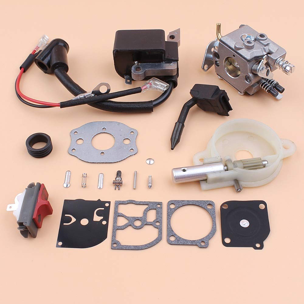 Tiempo Beixi Gusano carburador Bobina de Encendido de la Bomba de Aceite del Engranaje Módulo Interruptor de Parada Kit Compatible con Husqvarna 136 141 137 142 Piezas de la Motosierra Zama Carb