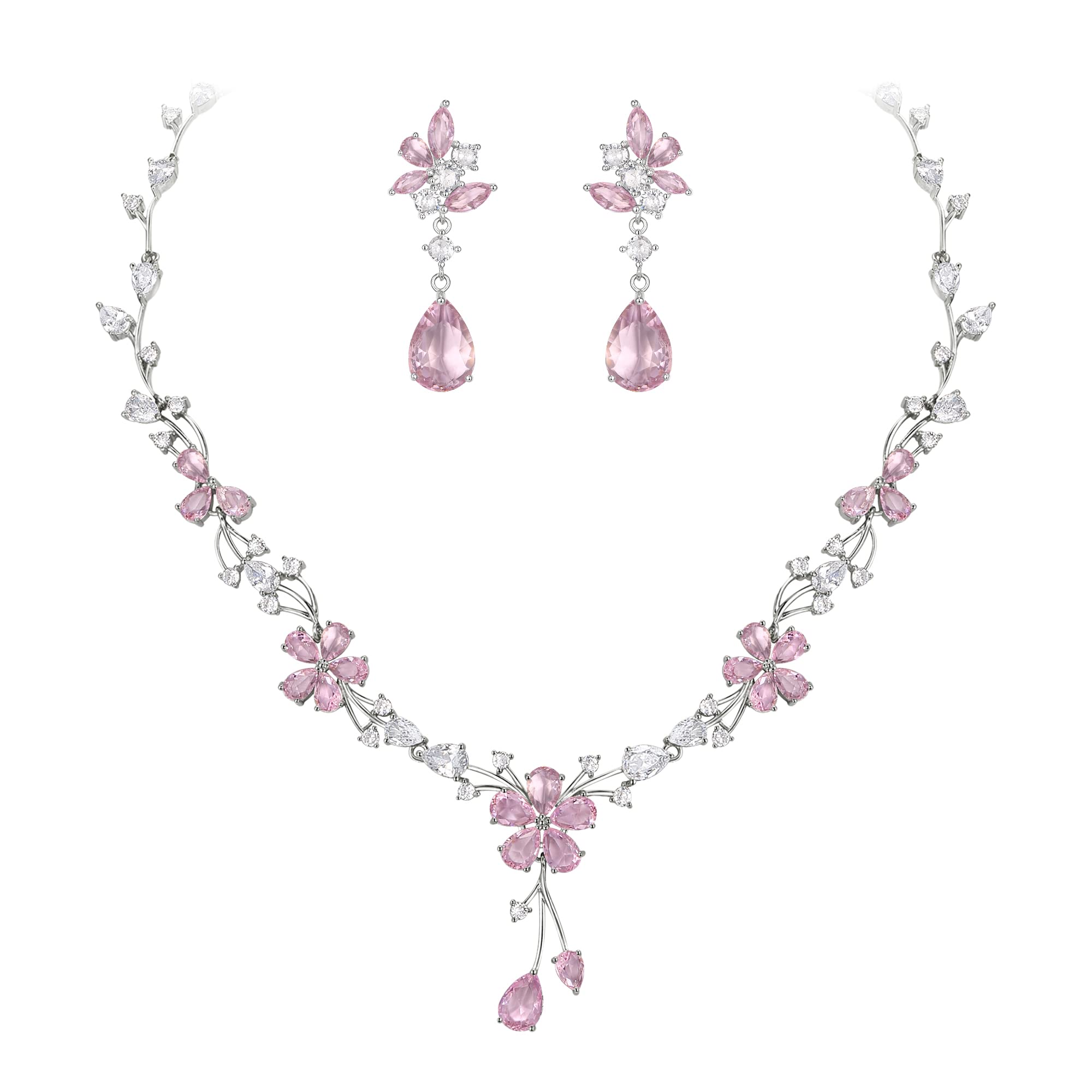 EVER FAITH Juegos de Joyas Mujer Impresionante Circonio Cúbico Flor de Racimo Lágrima Banquete Collar Pendientes Conjunto Joyería Nupcial para Boda