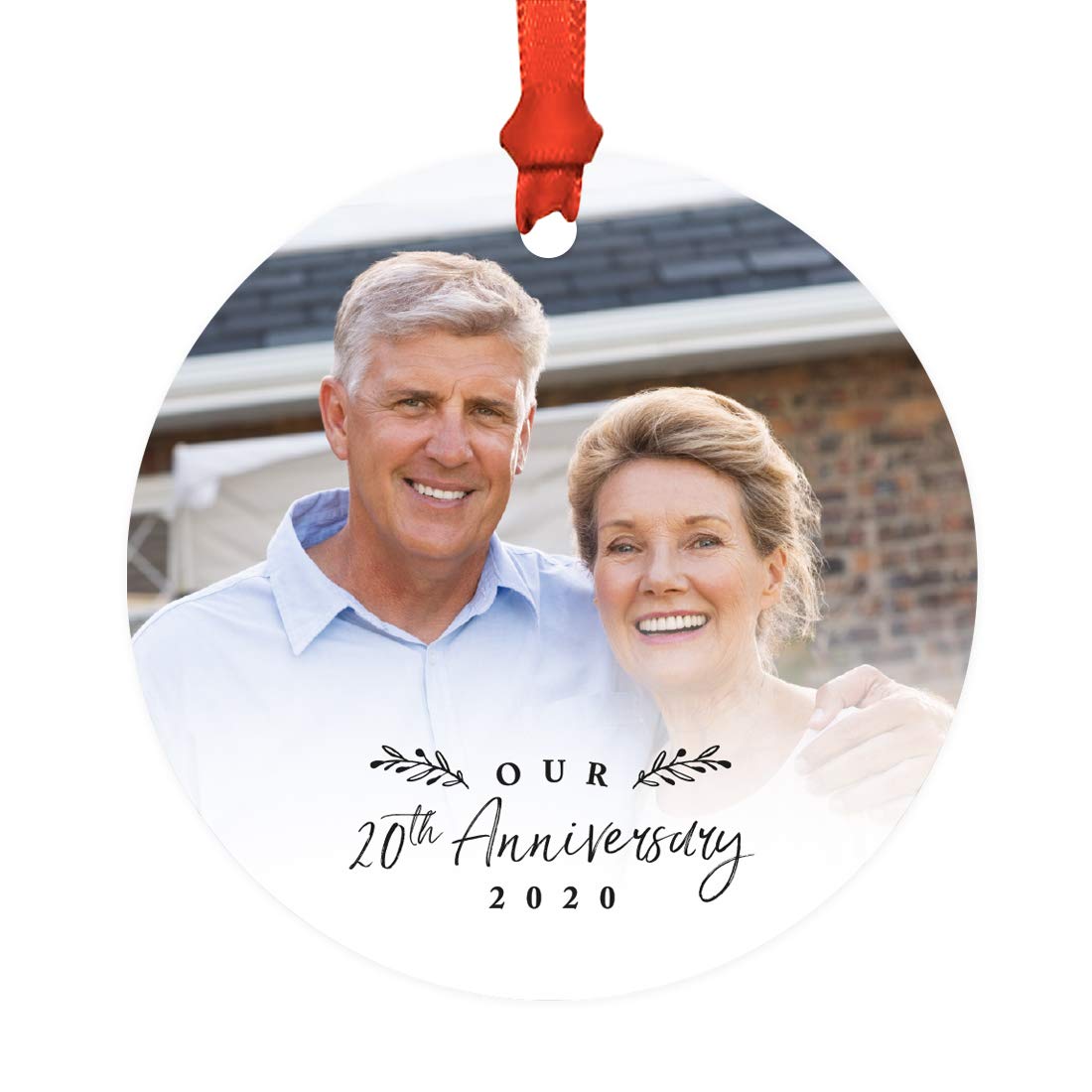 Andaz Press Photo Personalized Round Metal Couples Wedding Anniversary Keepsake Christmas Tree Ornament Gift, Our 20th Anniversary 2025, White, 1-Pack, Includes Ribbon, Custom Year