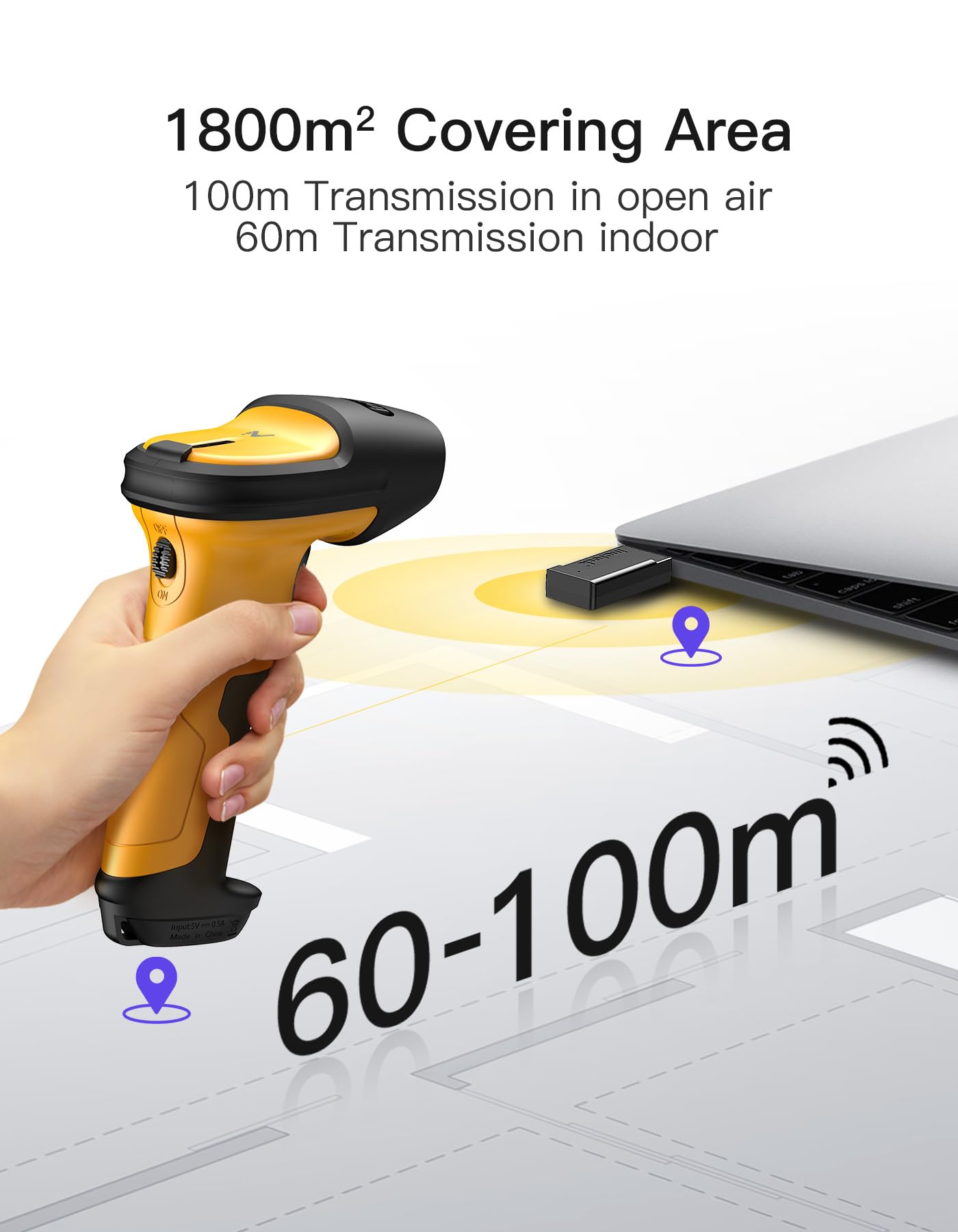 Inateck Scanner Code-Barres Laser sans Fil avec AI, 2.4GHz, Lecteur Code à Barres avec Portée de 60 Mètres, Batterie 2600mAh, Scan Automatique Rapide et Précis, Autonomie d’Environ 1 Mois, P6-AI