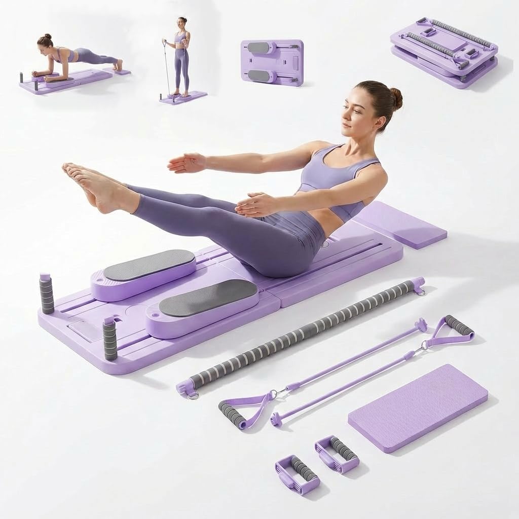Pilates Board Set für zuhause - Faltbarer Reformer Pilates Maschine, Mini Pilates Reformer Board, Reformer für Pilates Premium - inkl. Timer, Widerstandsbänder, Griffe