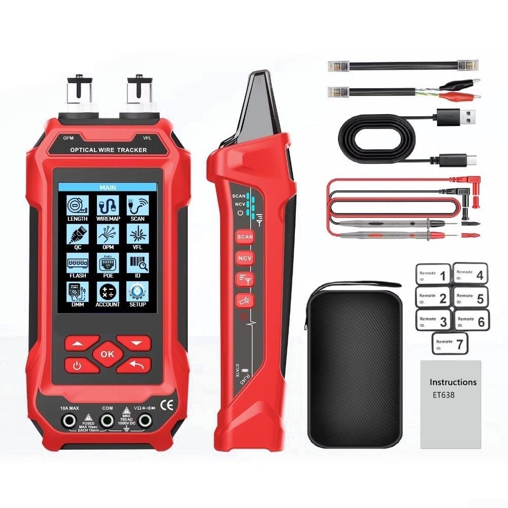 Tester per cavi di rete 4 in 1 per tensione PoE, misuratore di potenza in fibra ottica, 10 W VFL, test di lunghezza 600 m, funzione NCV per RJ45 BNC (ET638 7id)