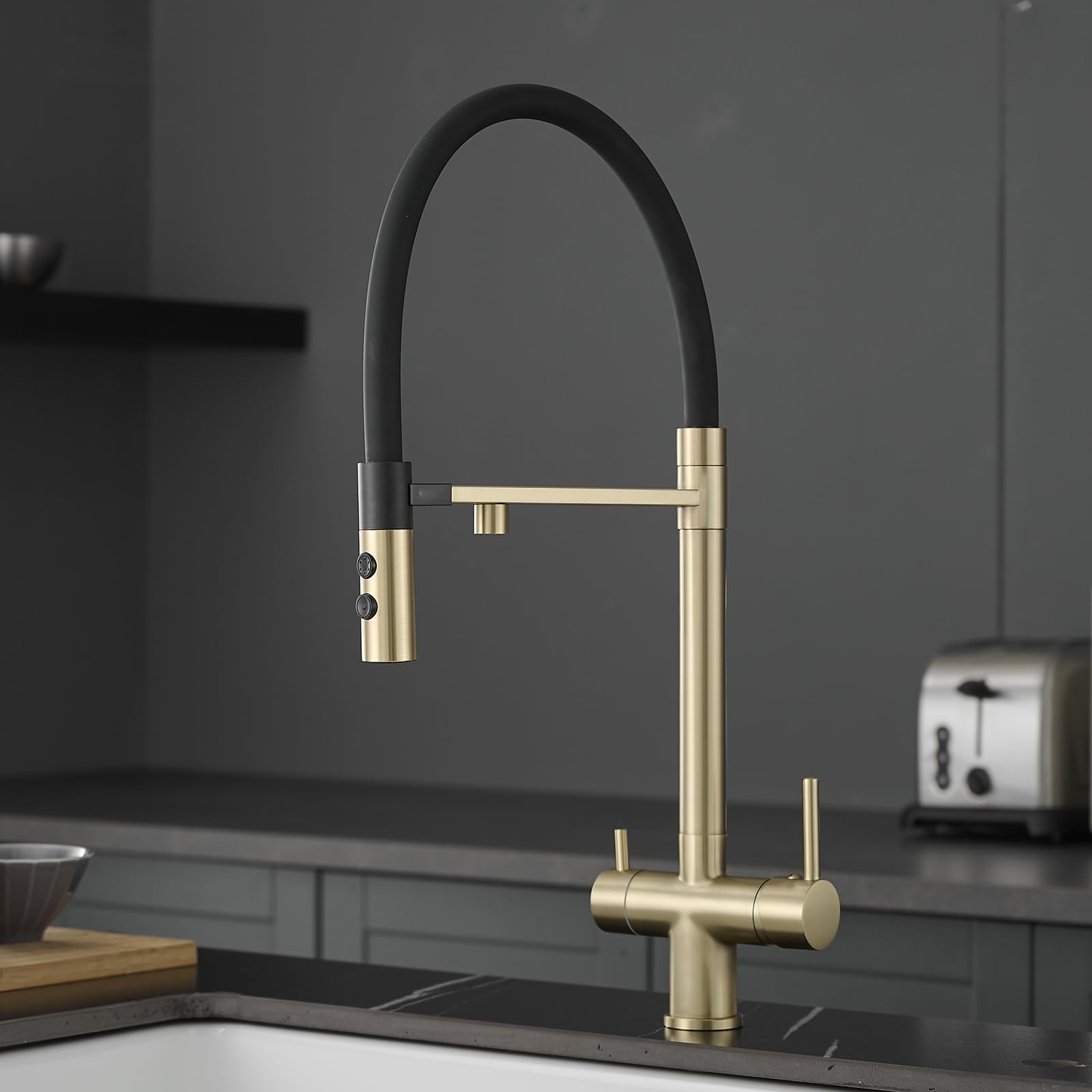 ZYCHSJXA 3 Way Taps for Kitchen Sink Brushed Gold Flexible Tap 360° Rotating Faucet Drinking Water