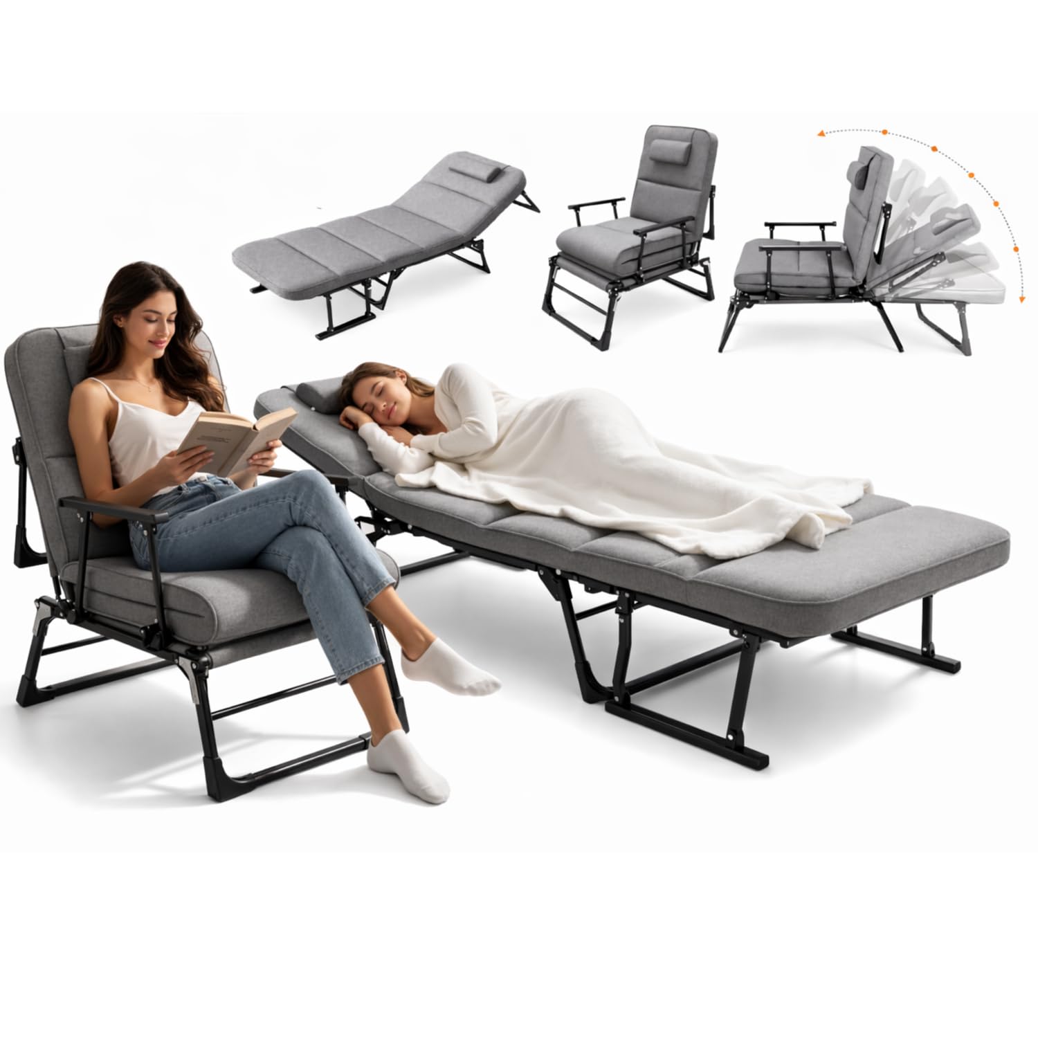 6-in-1 Convertible Folding Chair Bed Adjustable Recliner Lounge with Cushion Mattress & Headrest Portable Sleeper Cot for Adults Indoor Outdoor Guest Bed for Camping, Patio, Living Room-image-1