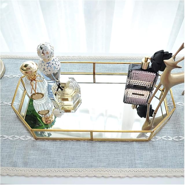 Hggzeg Gold Glass Mirrored Tray, Polygon Metal Decorative Tray Jewelry Perfume Organizer Makeup Tray for Vanity, Dresser, Bathroom, Bedroom (Large)