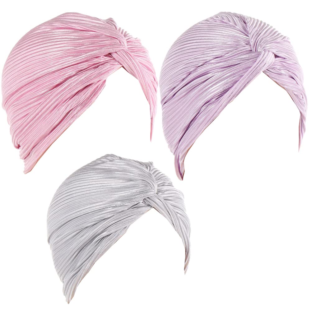JDYaoYing 3Pieces Pleated Glitter Turban for Women Beanie Headwrap Head Cover India's Hat