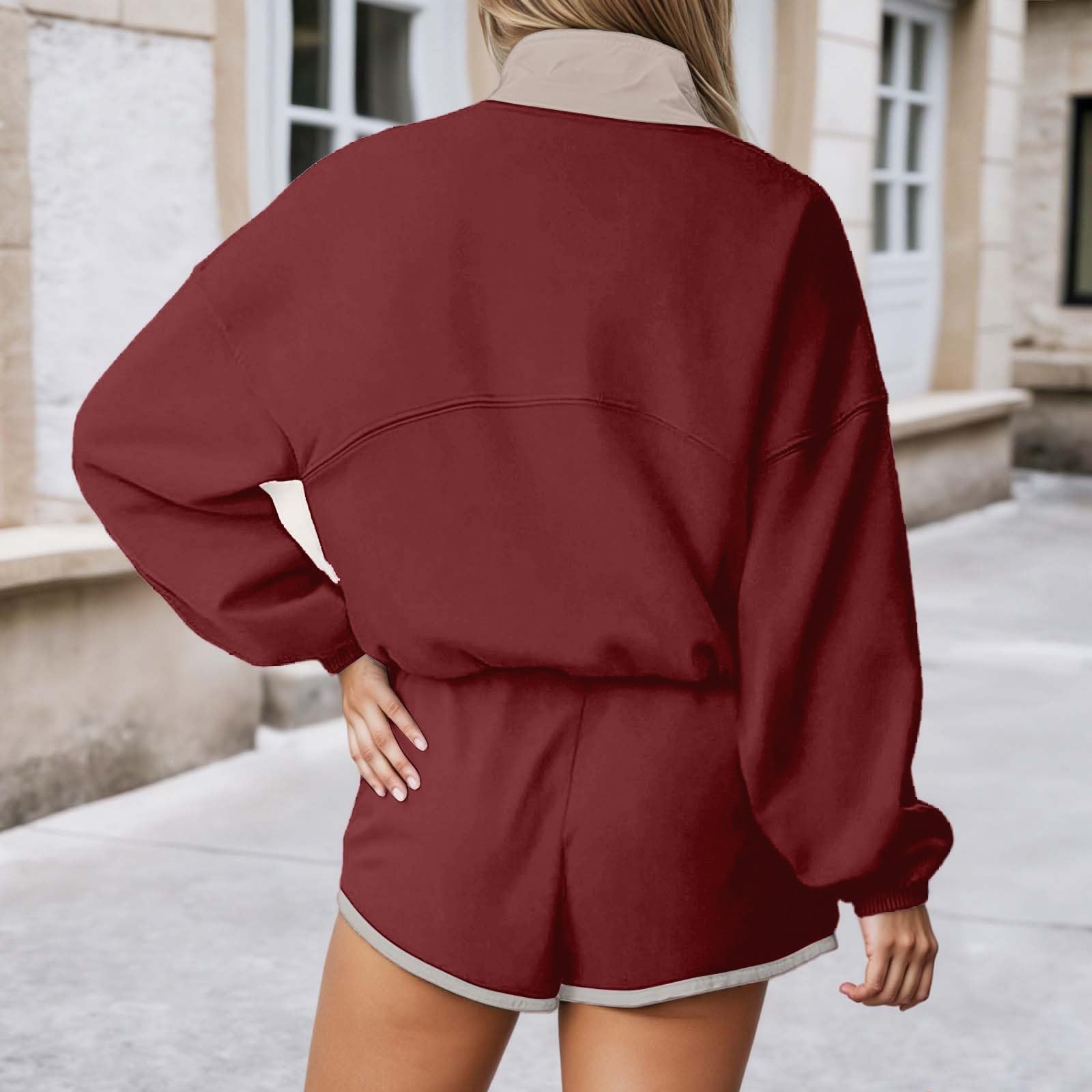 Generisch 2026 Ensemble de shorts d'entraînement pour femme, pull à manches longues avec demi-boutons, short taille élastique, ensemble décontracté 2 pièces avec poches